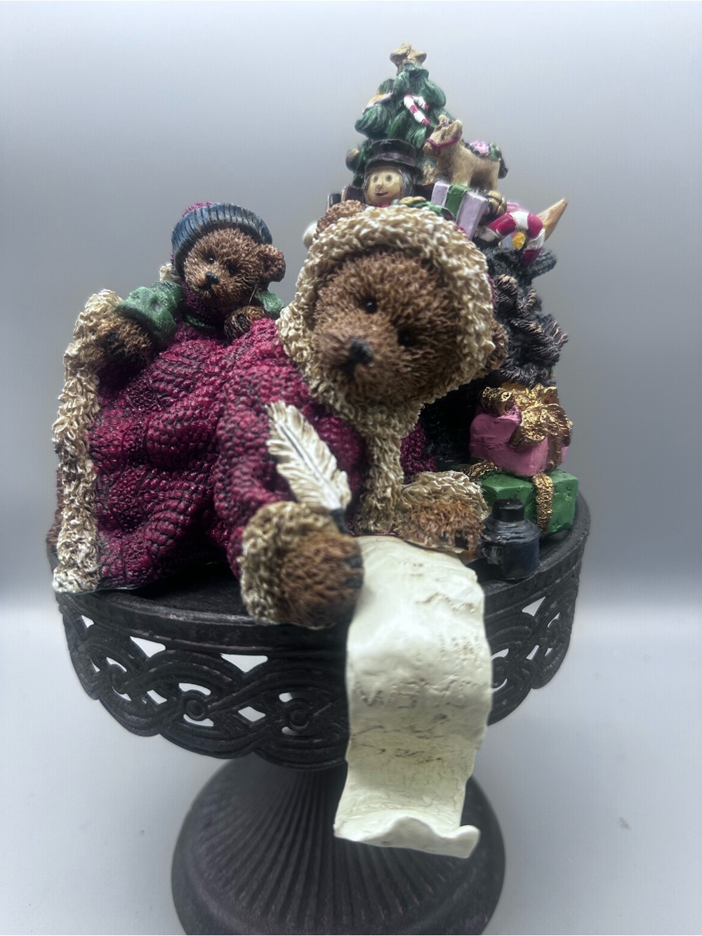Grandeur Noel Festive Brown Bear Figurine with Red Quilt Stocking Holder